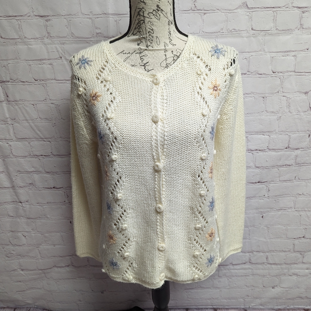 1950s Cream Embroidered Cardigan. Bonnie Lee Division Of Leroy. Medium. 655